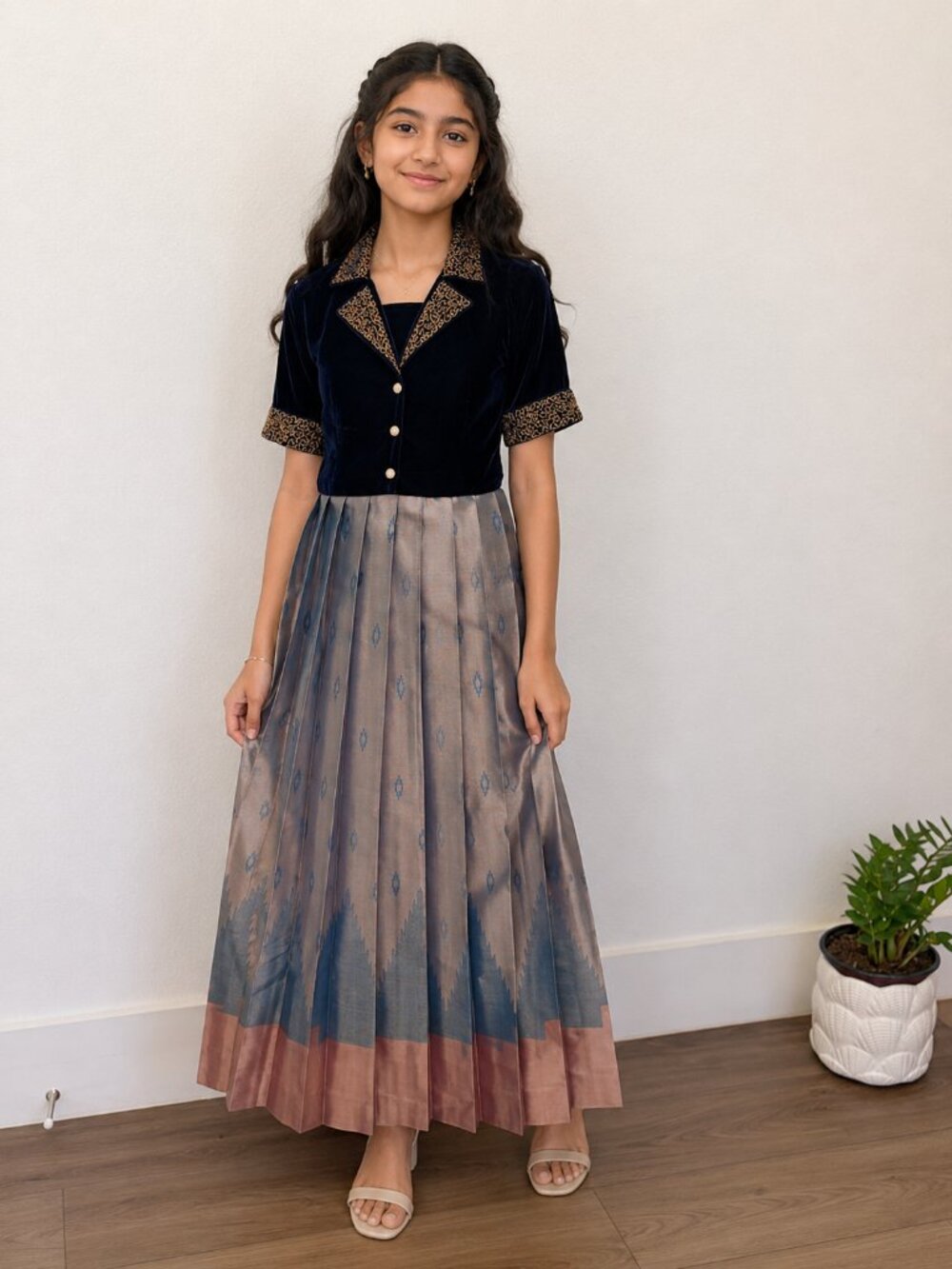 Girls Size 16 Navy Velvet Jacket & Ikkat Maxi Dress Set | Indian Ethnic Wear